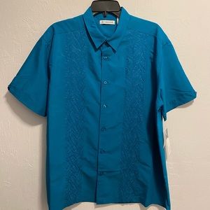 Cubavera Royal Blue Textured Palm Leaf Button Down T-Shirt